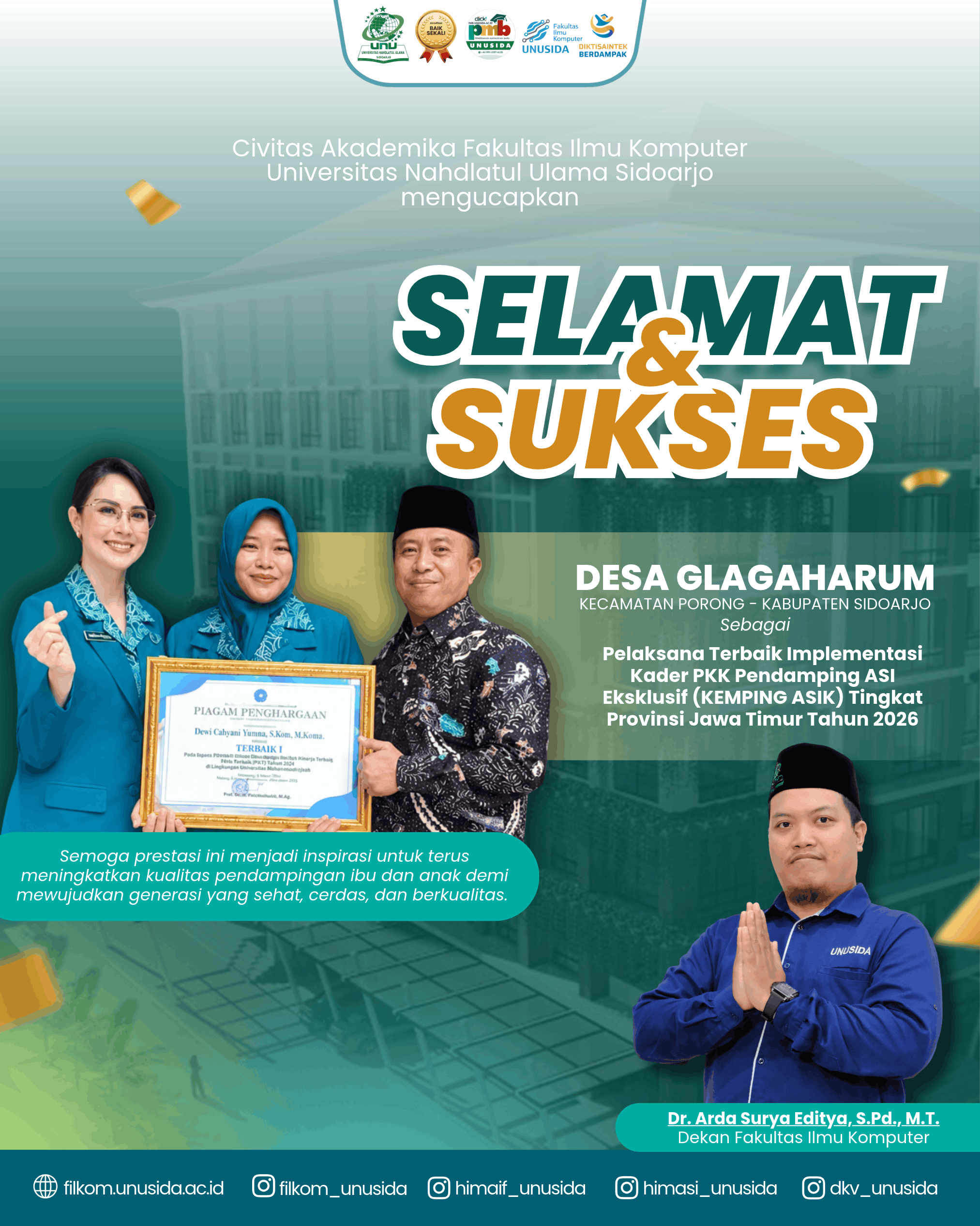 Selamat & Sukses atas Penghargaan Desa Glagaharum sebagai Pelaksana Terbaik Implementasi Kader PKK Pendamping ASI Eksklusif (KEMPING ASIK) Tingkat Provinsi Jawa Timur Tahun 2026.