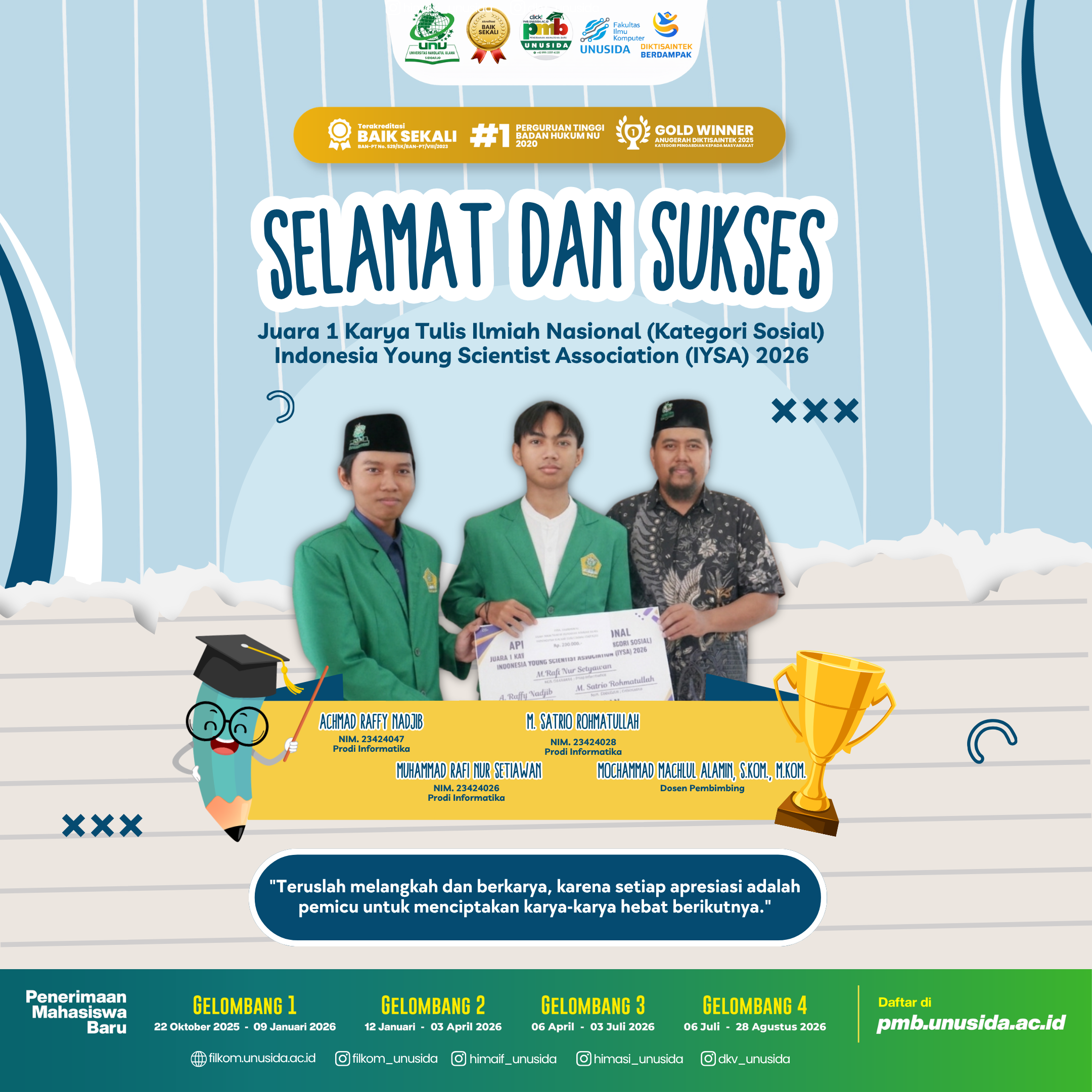 Karya Tulis Ilmiah Nasional (Kategori Sosial) pada ajang Indonesia Young Scientist Association (IYSA) 2026