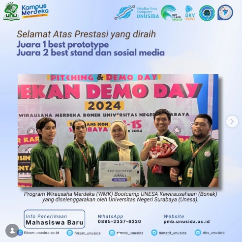 Best Prototype dalam ajang Program Wirausaha Merdeka (WMK) Bootcamp UNESA Kewirausahaan (Bonek) yang diselenggarakan oleh Universitas Negeri Surabaya (Unesa)
