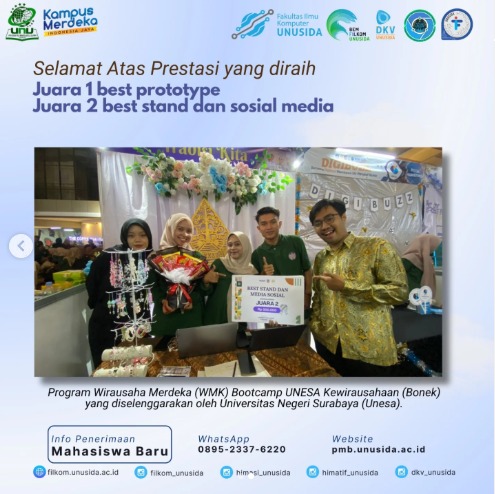 Best Stand dan Sosial Media dalam ajang Program Wirausaha Merdeka (WMK) Bootcamp UNESA Kewirausahaan (Bonek) yang diselenggarakan oleh Universitas Negeri Surabaya (Unesa).